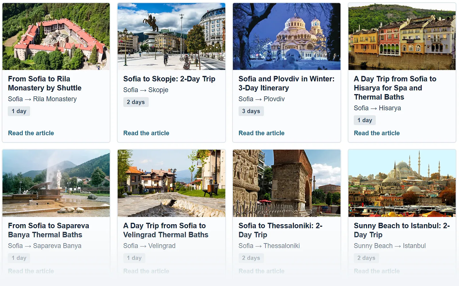 Catalog of ready-made travel routes in Bulgaria with filters by city and trip duration