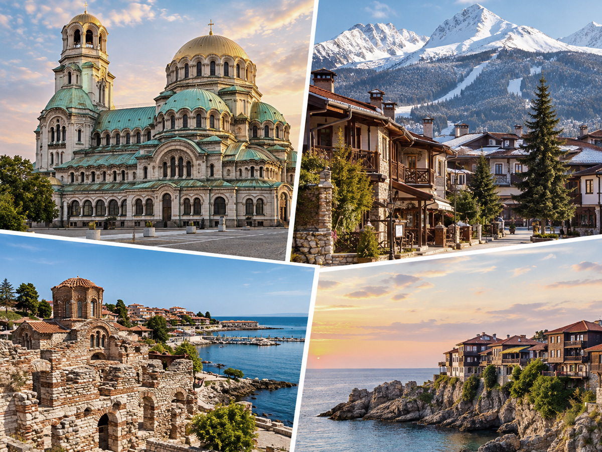 Collage of road-trip routes around Bulgarian cities: Sofia, Bansko, Nessebar, Sozopol