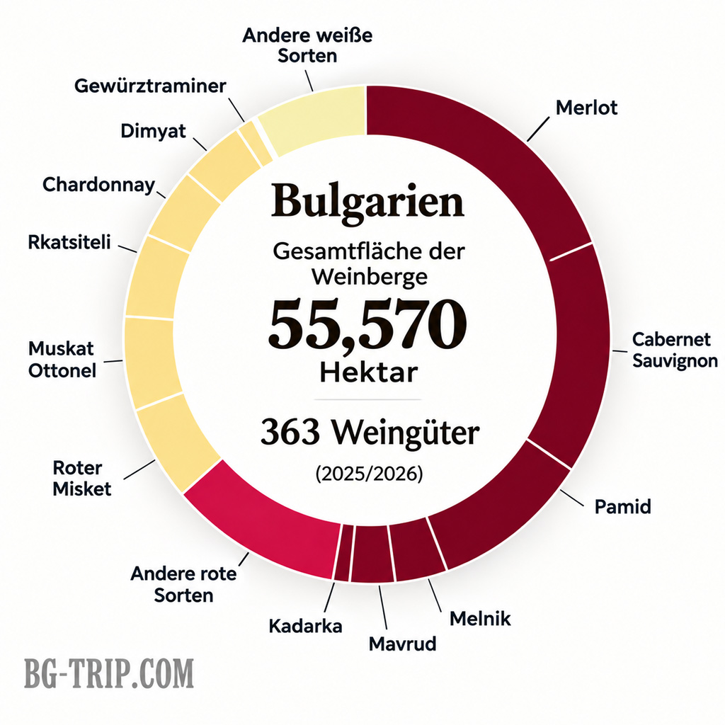 Das verhältnis der weiß- und rotweinproduktion in Bulgarien nach rebsorte