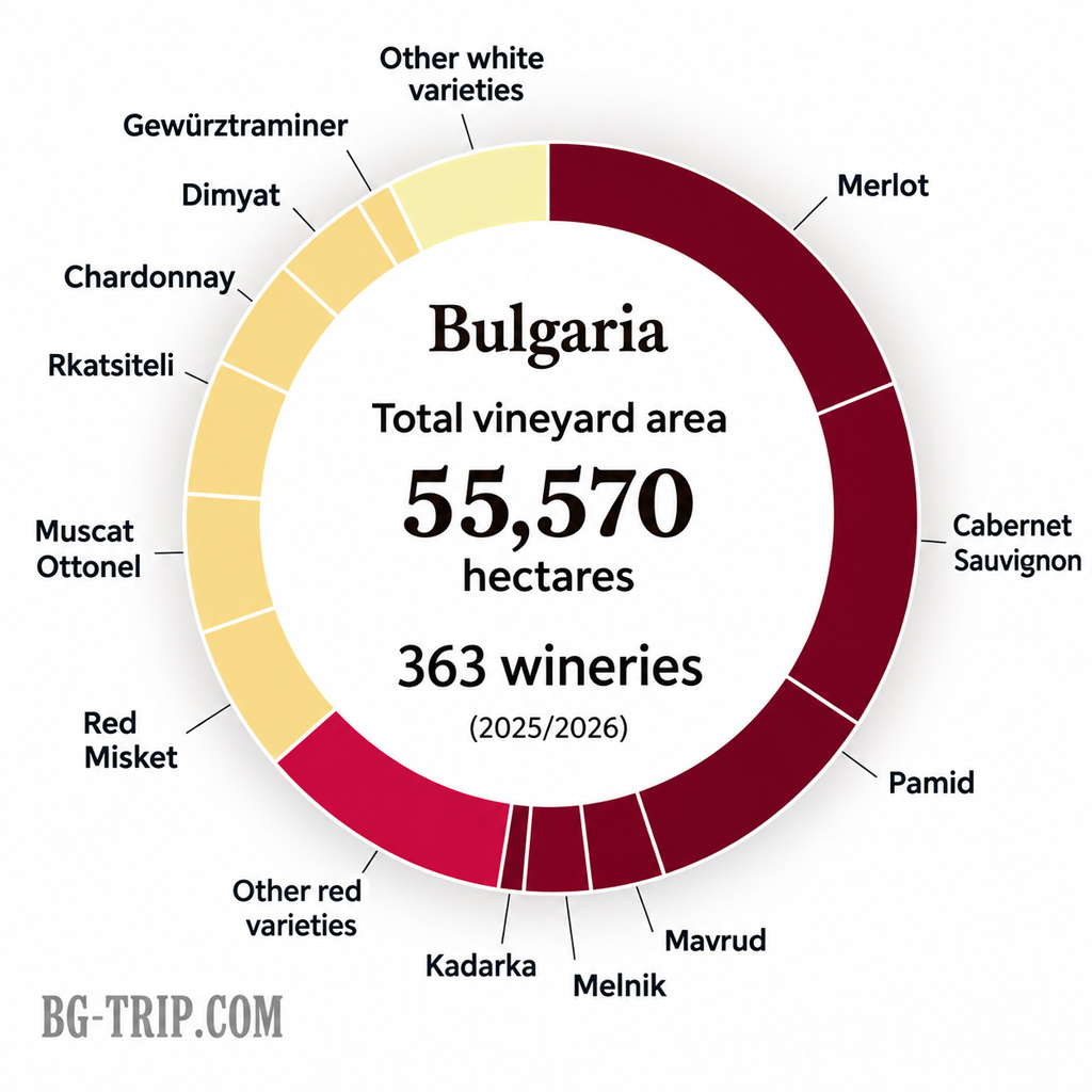 The ratio of white and red wine production in Bulgaria by variety